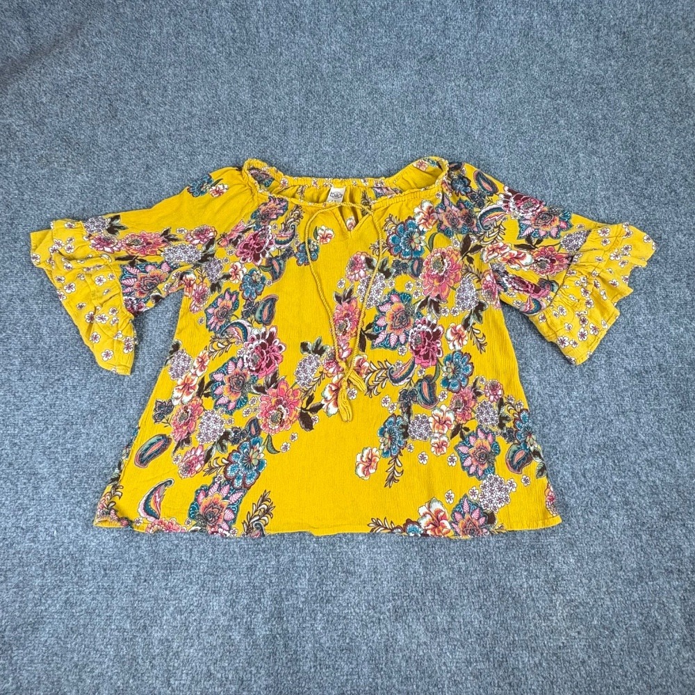 Bila Top Women's M Floral Peasant Ruffle Sleeve Boho Gold Yellow Cottagecore